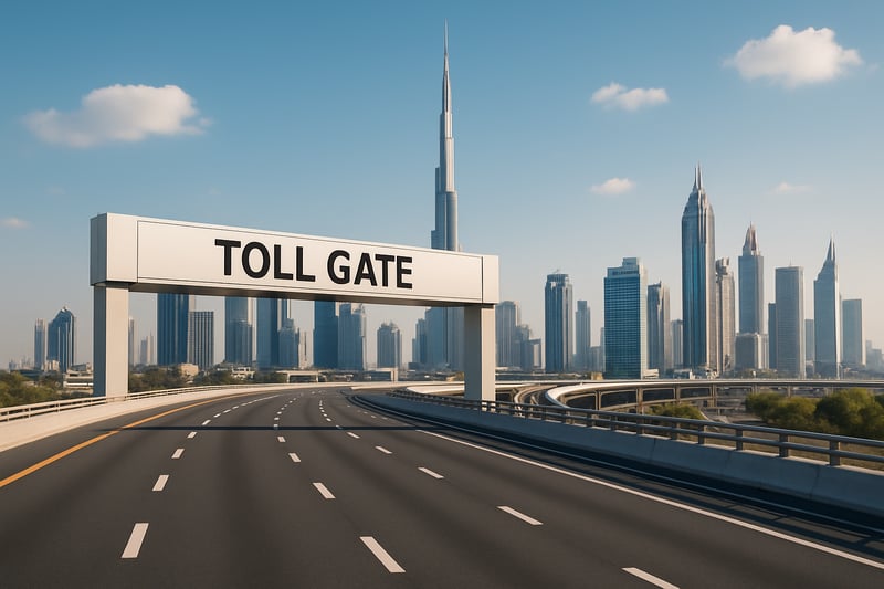 Dubai toll road with city skyline in background Dubai toll road with city skyline in background